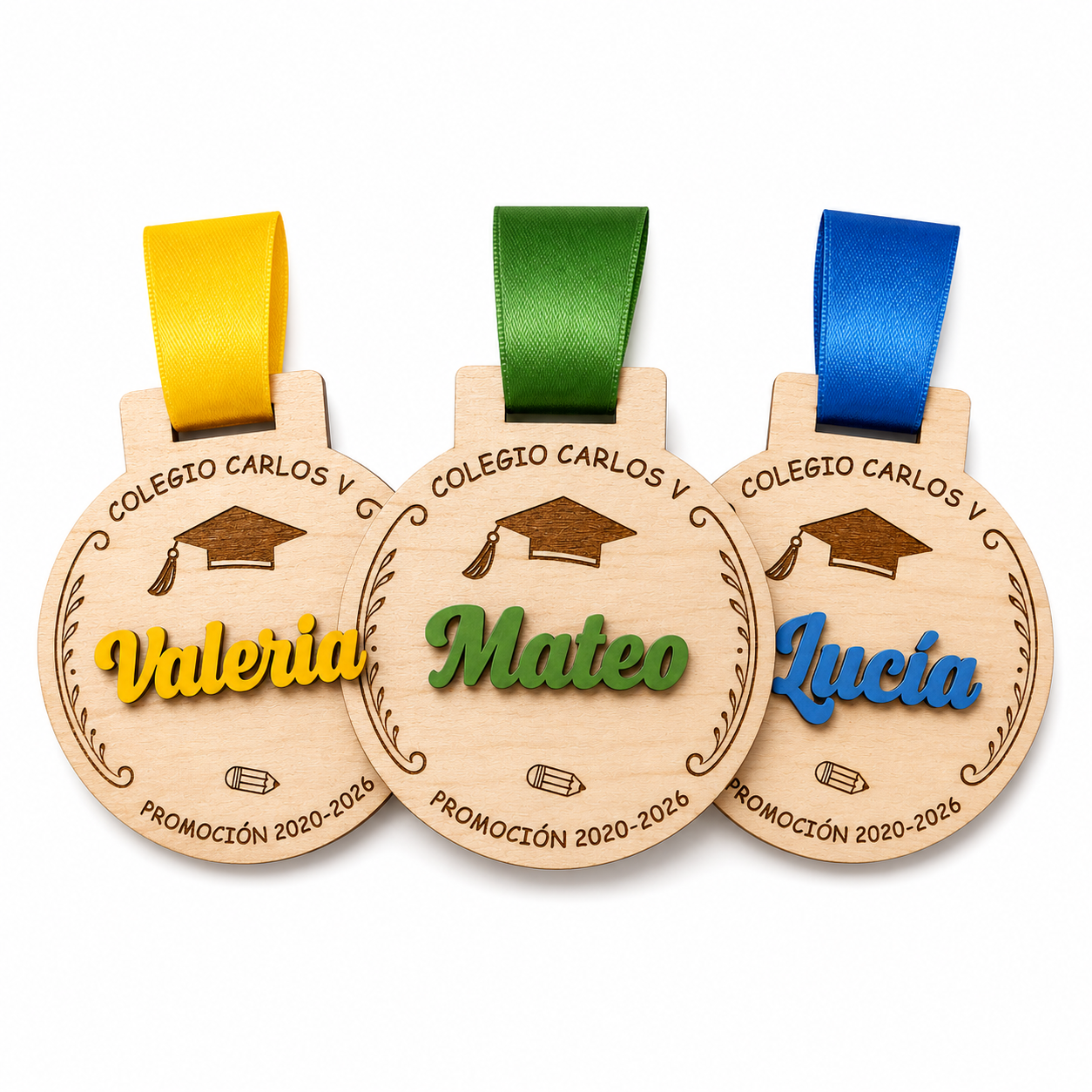 Medalla de madera personalizada para graduación con nombre en 3D