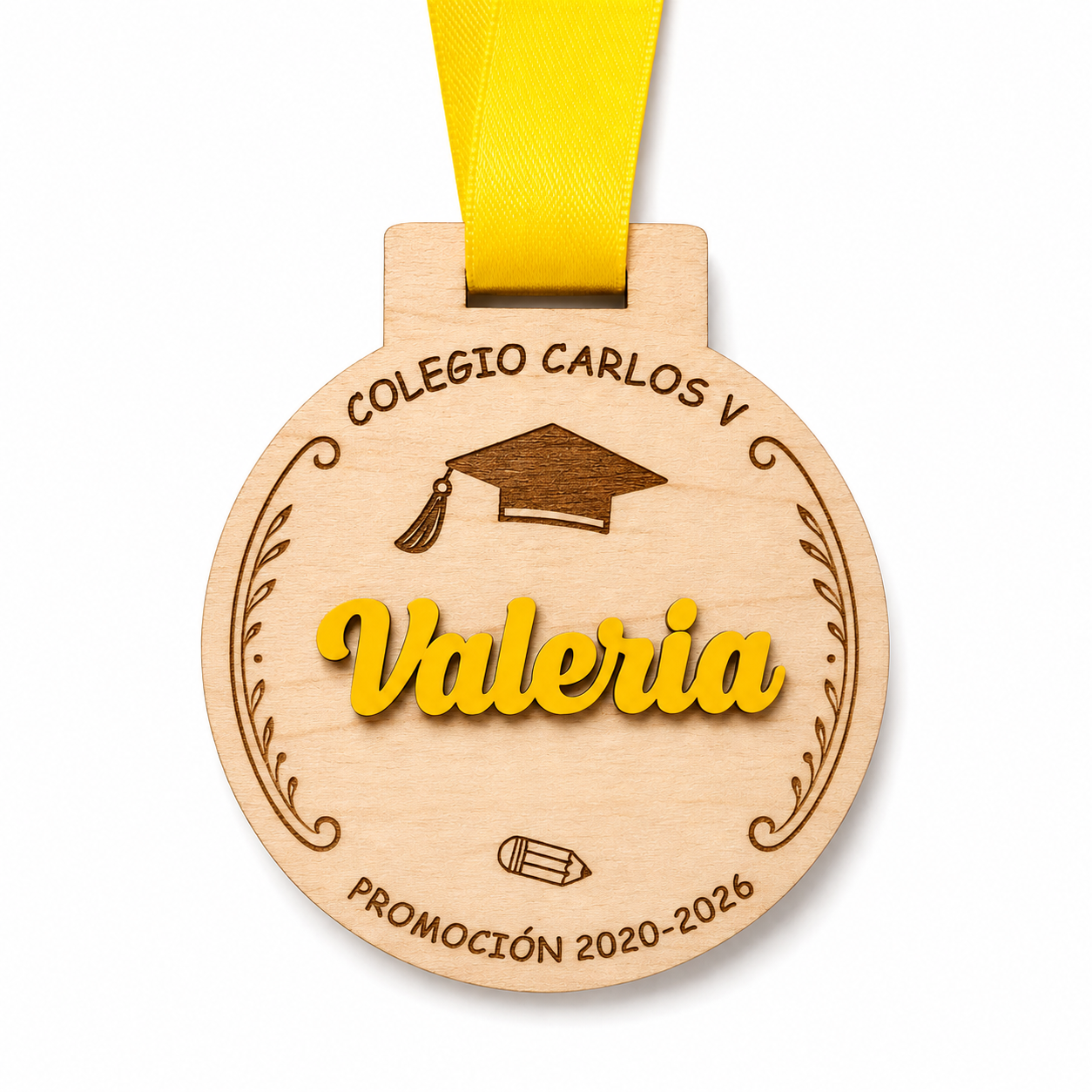 Medalla de madera personalizada para graduación con nombre en 3D