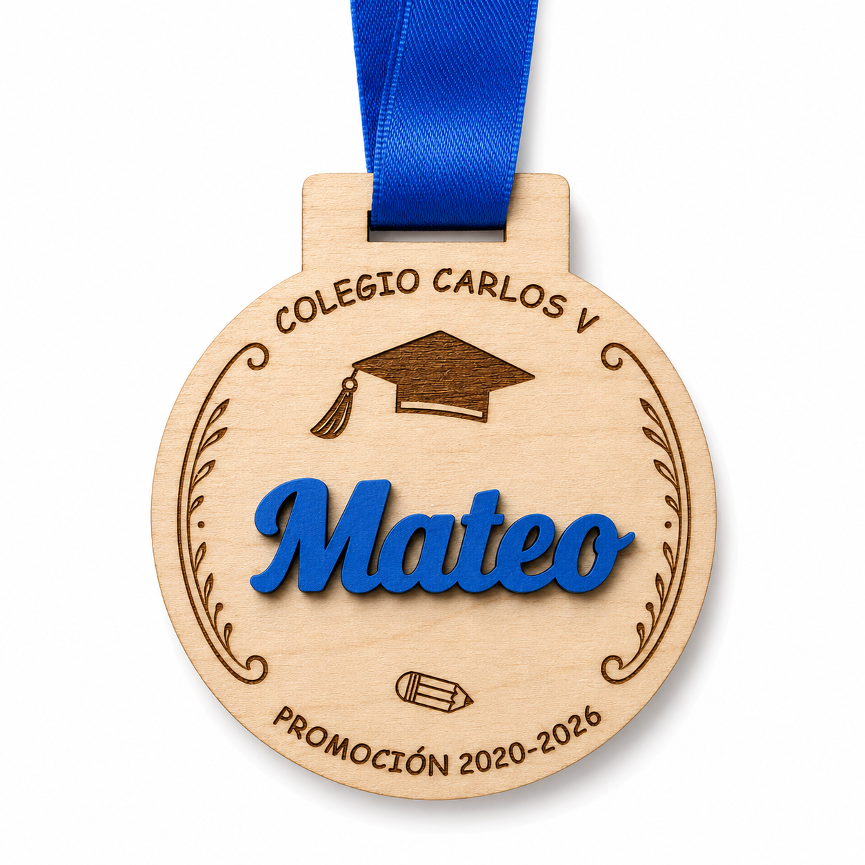 Medalla de madera personalizada para graduación con nombre en 3D