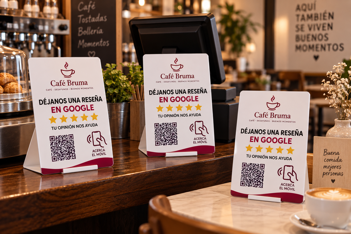 Pack Hostelería · 3 placas de reseñas Google QR + NFC