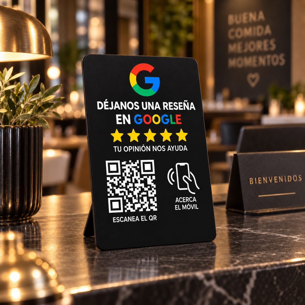 Placa de reseñas Google QR + NFC — Premium Negra