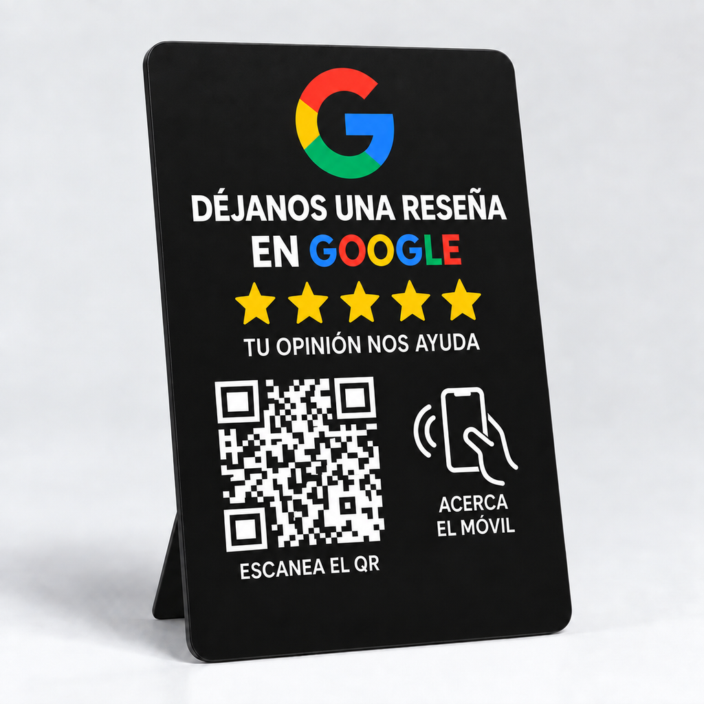 Placa de reseñas Google QR + NFC — Premium Negra