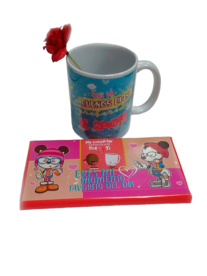 Pack taza, rosa y chocolate